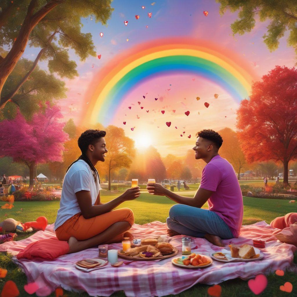A vibrant collage depicting diverse LGBTQ+ couples enjoying intimate moments together, such as a cozy picnic in a park, dancing under a rainbow-hued sunset, and sharing sweet laughter at a café. Each couple represented with unique cultural backgrounds and styles, showcasing warmth, connection, and love. The background is filled with colorful hearts and symbols of unity. super-realistic. vibrant colors. white background.