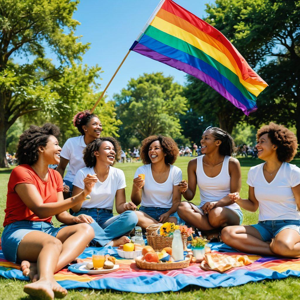 A colorful, heartwarming scene showcasing a diverse group of LGBTQ+ couples of different ethnicities enjoying a vibrant picnic in a lush park, with rainbow flags fluttering in the background. The couples are laughing, sharing food, and engaging in playful activities, conveying a sense of love and acceptance. The setting features blooming flowers and a clear blue sky, enhancing the joyful atmosphere. super-realistic. vibrant colors. sunny day.