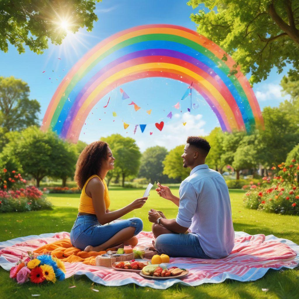 A vibrant scene of two diverse individuals happily enjoying a romantic picnic in a lush green park, surrounded by colorful rainbow decorations, symbolizing love and acceptance. In the background, a rainbow arcs over a sunny sky, while love notes and flowers scatter around them. The atmosphere exudes joy and warmth, capturing the essence of thriving same-sex relationships. bright colors. super-realistic. outdoor setting.